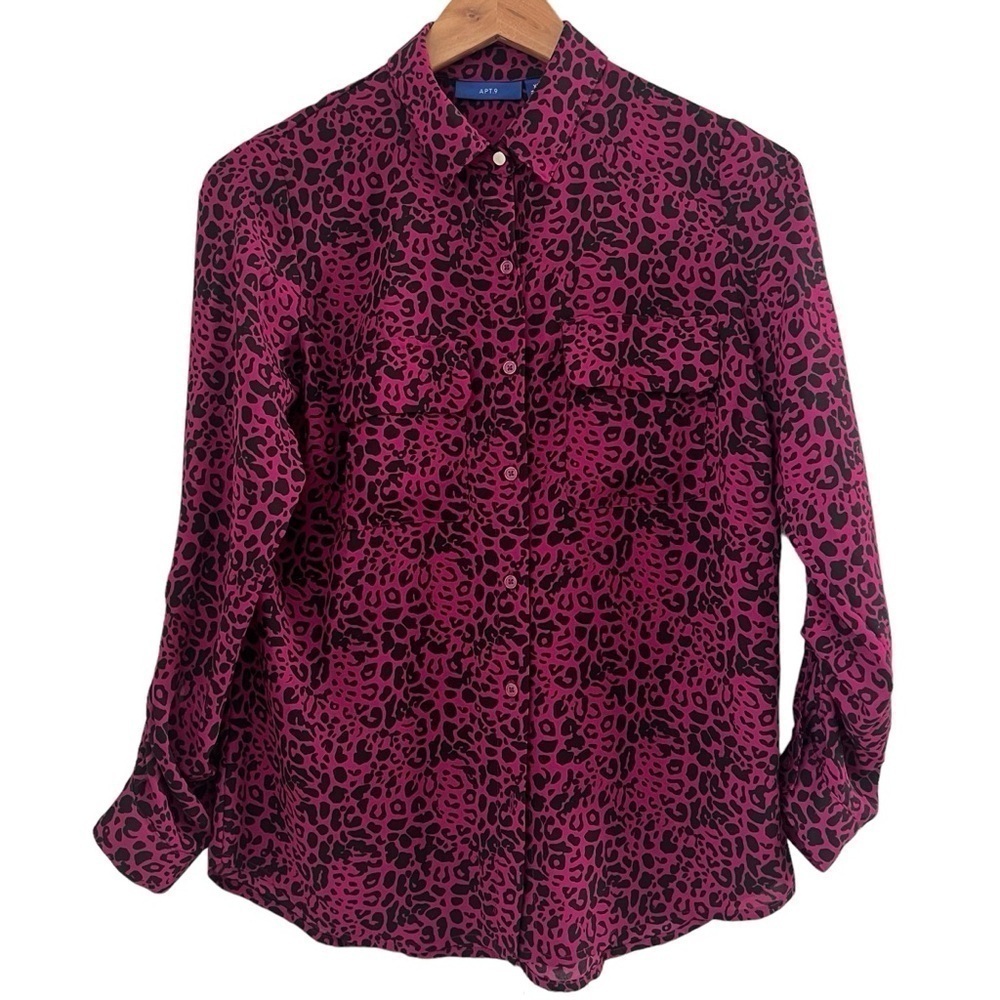 Apt.9 Fushia Leopard Print Animal Print Button Down Shirt Sz XS Office Career